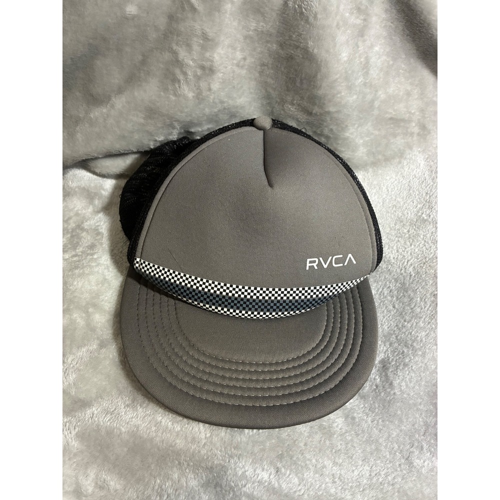 RVCA Mens Grey Black Mesh Trucker Hat Checkered Trim Snapback Cap